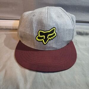 Fox Racing Snapback Hat Mens OSFA Grey Burgundy Yellow Logo Flat Bill Cap 11244